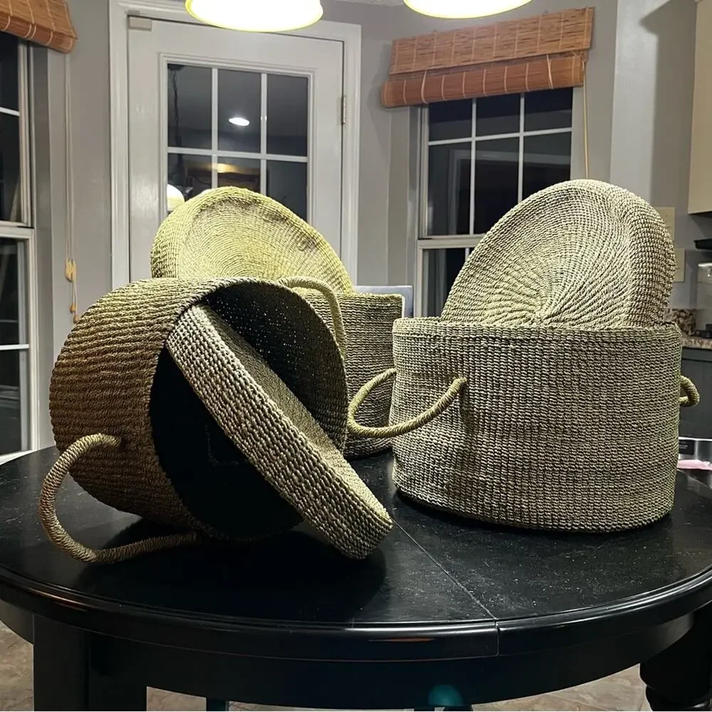NEW Pottery Barn Round Woven Floor Nesting Storage Baskets Raffia Wicker LG Set